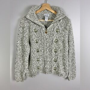 VINTAGE Y2K Northern‎ Reflection Cotton Cable Knit Quarter Zip Sweater Lg Green